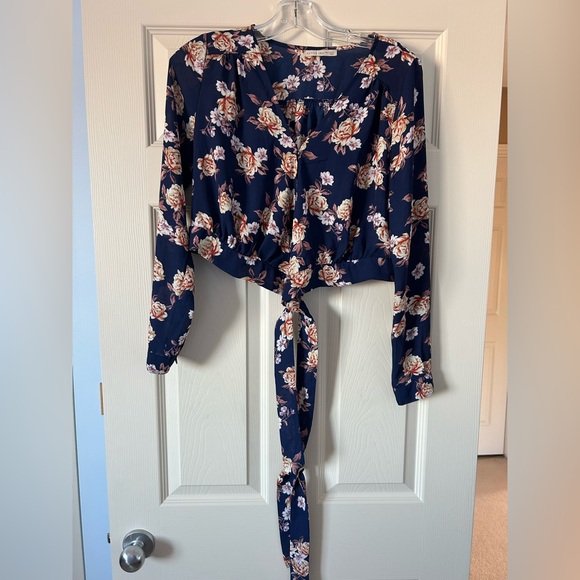 Active USA Tops - Active USA Navy Floral Tie-Front Blouse